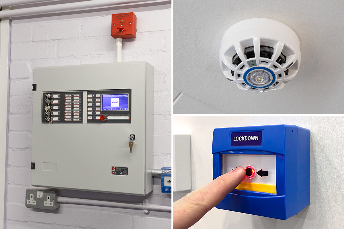 An image split into three: on the left is a ZFP CAST panel mounted on a wall with a red mains isolator keyswitch above it; in the top right there is a CAST-PRO multisensor on the ceiling; and in the bottom right there is a blue "lockdown" call point being pressed