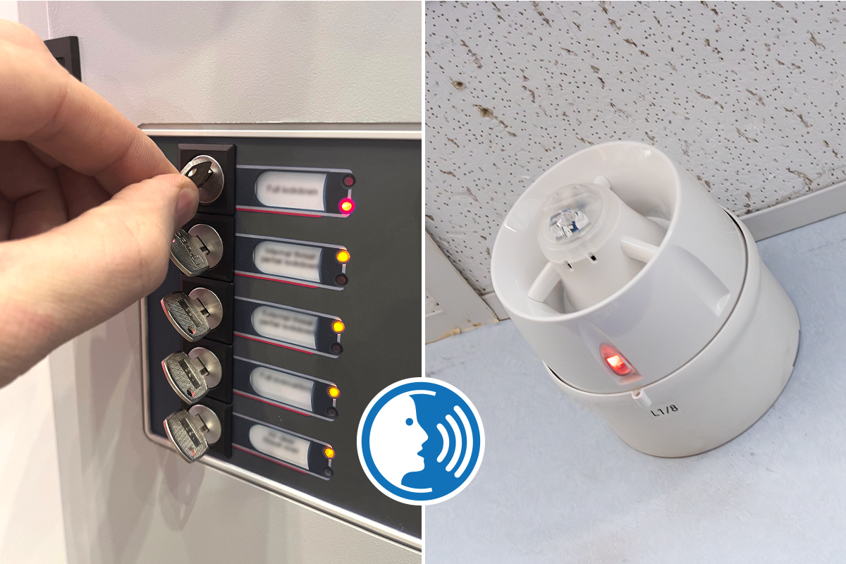 The image is split in half: on the left side someone is turning a keyswitch on a ZFP CAST panel; on the right there is a white "lockdown" sounder on a wall. There is also a blue and white icon to represent "voice messages" 